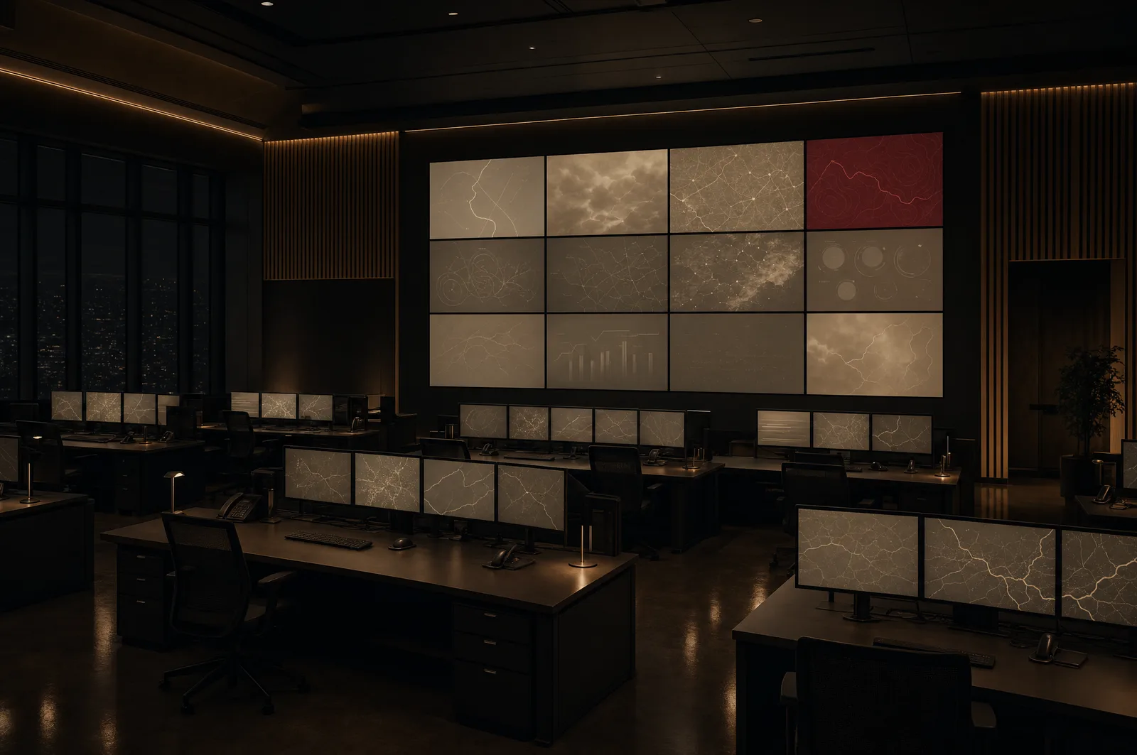 An empty emergency-operations control room at night: tidy desks and a wall of muted map screens, a single screen glowing burgundy