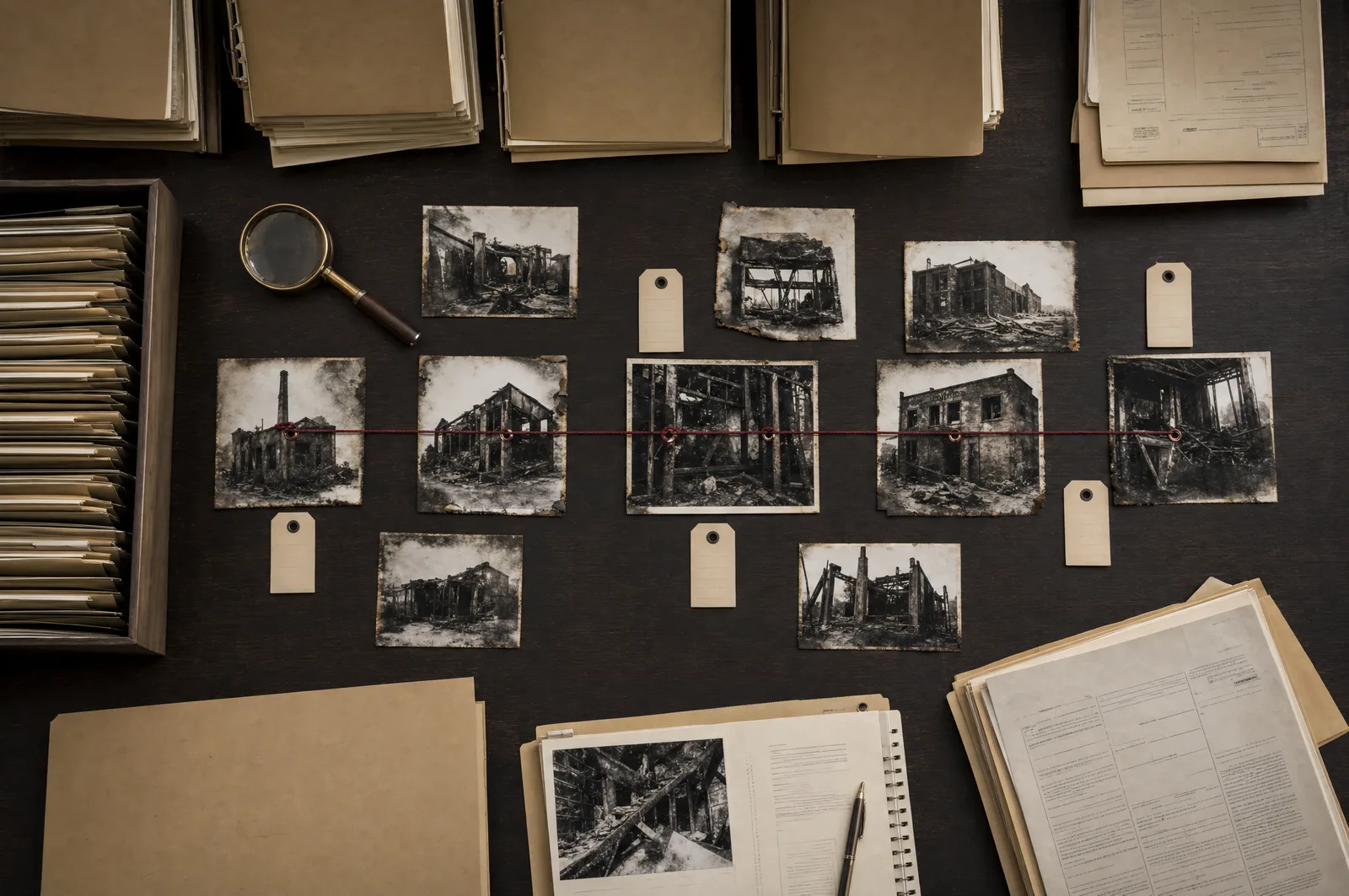 An investigator's worktable: ordered case folders, photographs of burned structures and evidence tags, with a single burgundy thread aligning the photos into one straight line