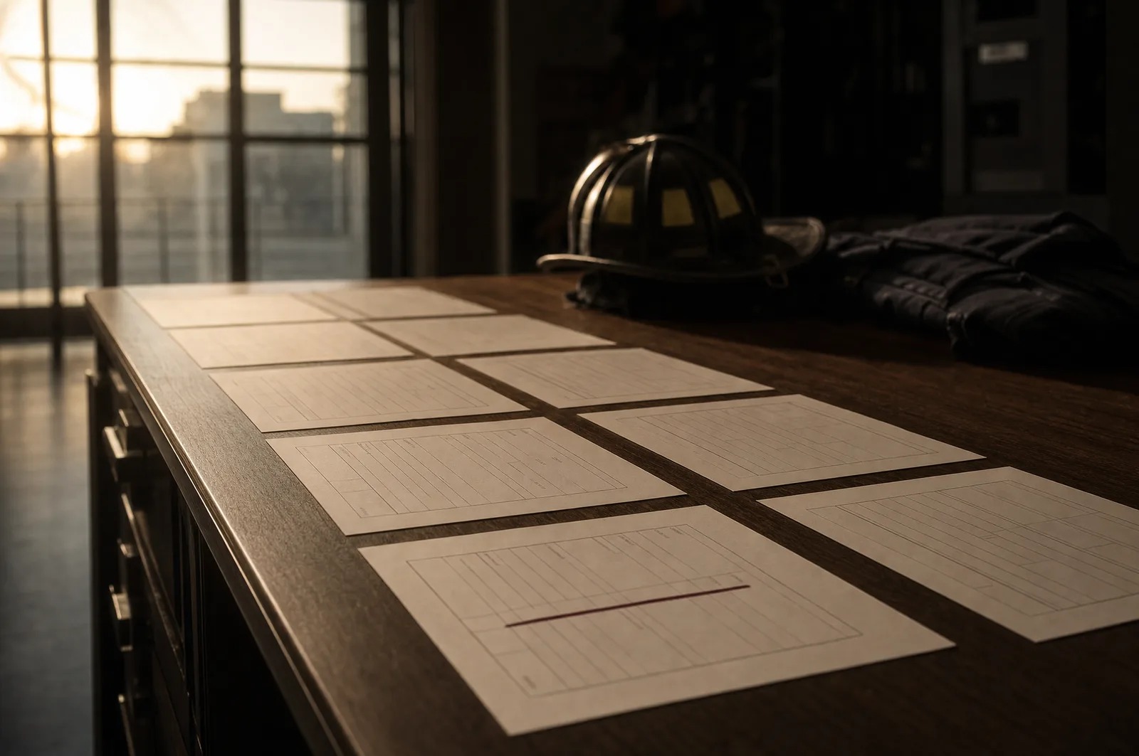 A fire-hall duty desk at dawn: standardized report forms in perfectly aligned rows, one field ruled in burgundy, a fire helmet resting in the background