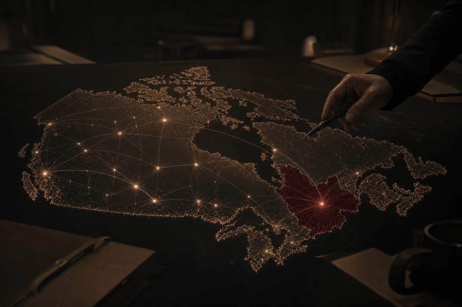 Abstract illustration: a night map of beacon points linked into a network, one cluster glowing warm